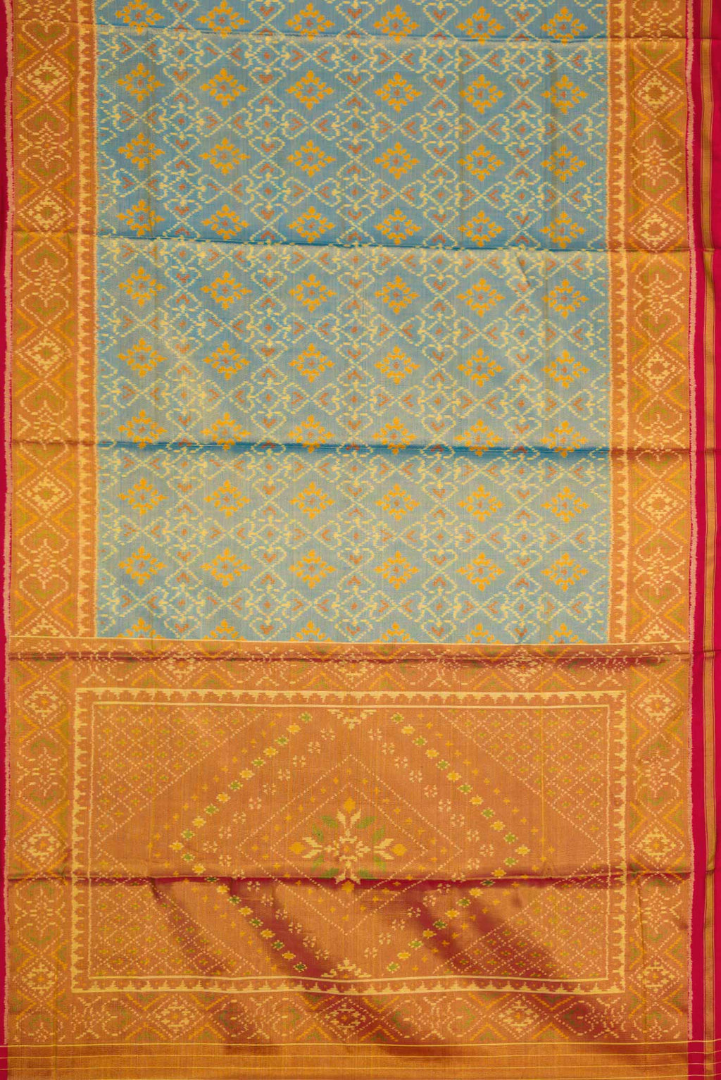 Flat view of Light Blue Dual Tone Rajkot Patola Silk Saree with Ikat Print on the body and Zari Border