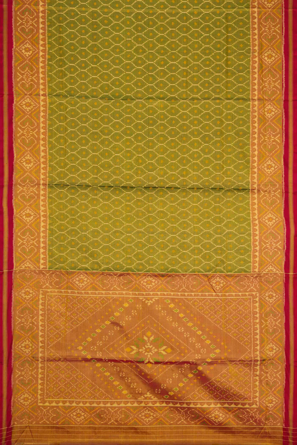 Flat view of Mehandi Green Dual Tone Rajkot Patola Silk Saree with Ikat Print on the body and Ikat Border
