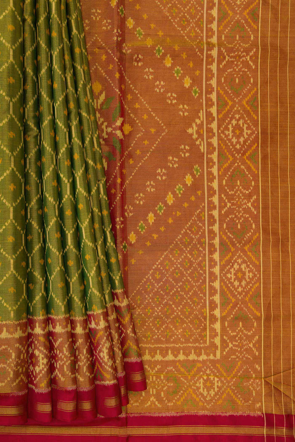 Pleats and pallu of Mehandi Green Dual Tone Rajkot Patola Silk Saree with Ikat Print on the body and Ikat Border