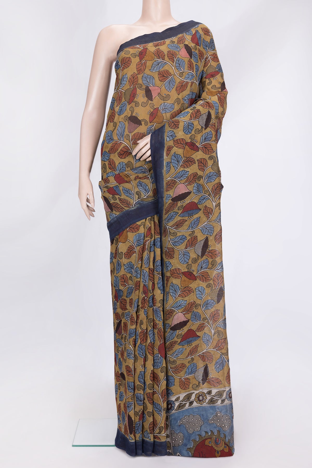 Mehandi Green Dual Tone Tussar Silk Saree with Printed design on the body and Plain Border.  displayed on a mannequin