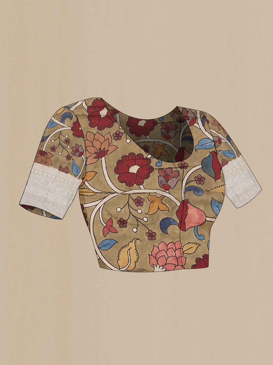 Close up image of the blouse of Brown Tussar Silk Saree with kalamkari Print on the body and Zari Border. 