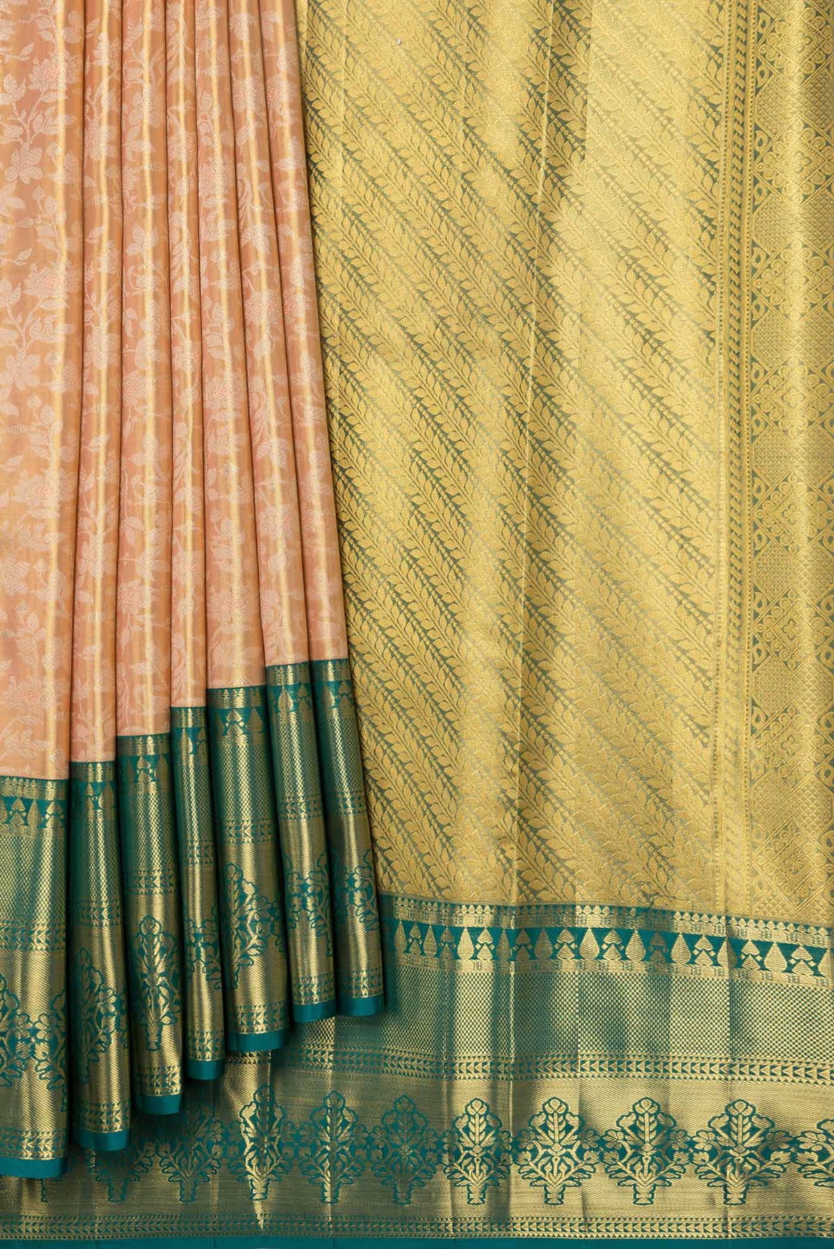 Pleats and pallu of Golden Peach Dual Tone Kanchipuram Saree with Zari Brocade on the body and Zari Border