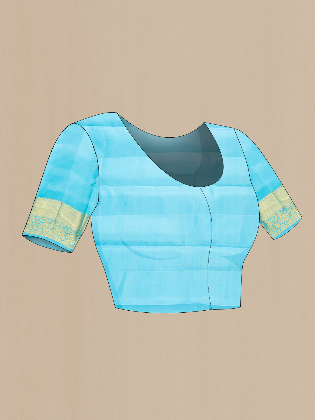 Close up image of the blouse of Navy Blue Dual Tone Kanchipuram Silk Saree with Zari Brocade on the body and Zari Border. 