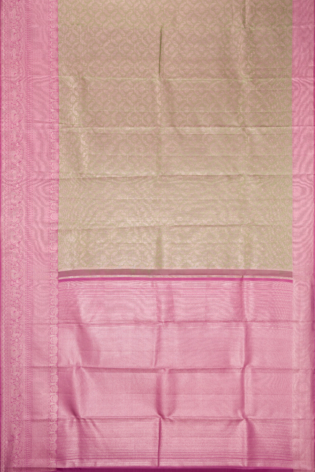 Flat view of Pista Green Dual Tone Kanjivaram Silk Saree with Zari Brocade on the body and Zari Border. 