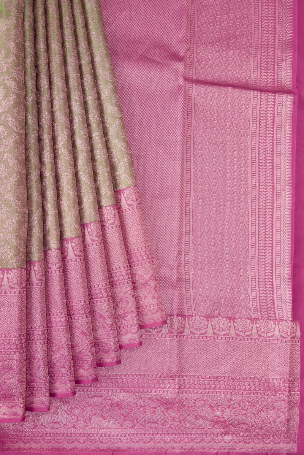 Pleats and pallu of Pista Green Dual Tone Kanjivaram Silk Saree with Zari Brocade on the body and Zari Border. 
