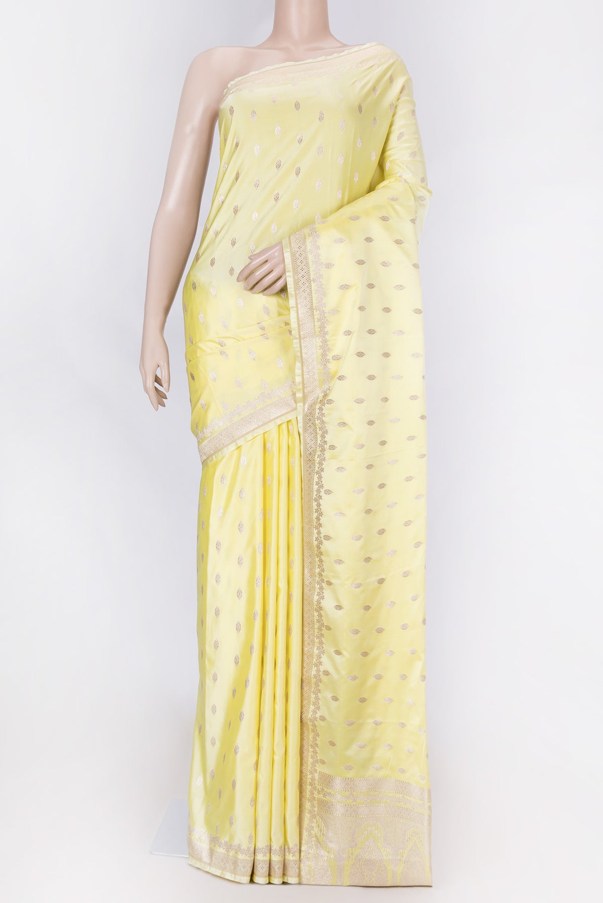 Lemon Yellow Dual Tone Blended Banarasi Silk Saree with Zari Butta on the body and Zari Border displayed on a mannequin