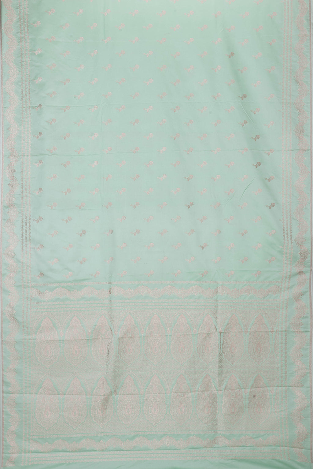 Flat view of Sea Green Dual Tone Banarasi Silk Saree with Zari Butta on the body and Fancy Border. 
