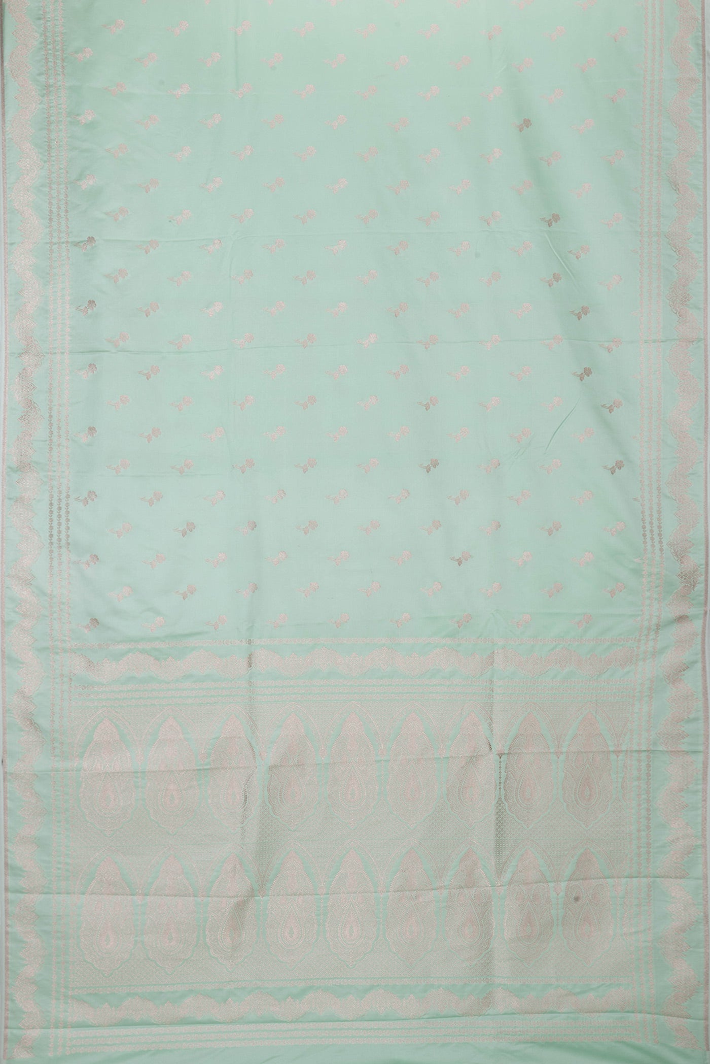 Flat view of Sea Green Dual Tone Banarasi Silk Saree with Zari Butta on the body and Fancy Border. 