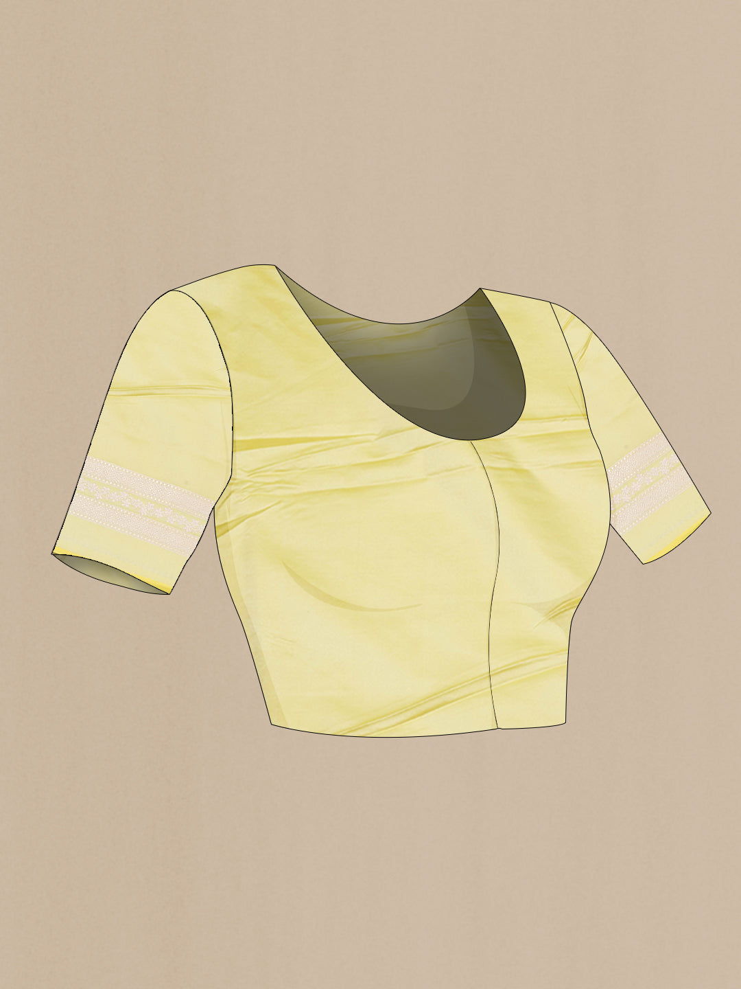 Close up image of the blouse of Lemon Yellow Blended Banarasi Silk Saree with Zari Butta on the body and Zari Border. 