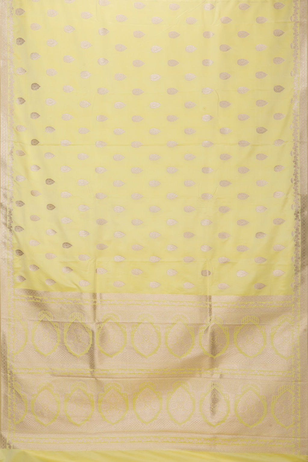 Flat view of Lemon Yellow Blended Banarasi Silk Saree with Zari Butta on the body and Zari Border. 