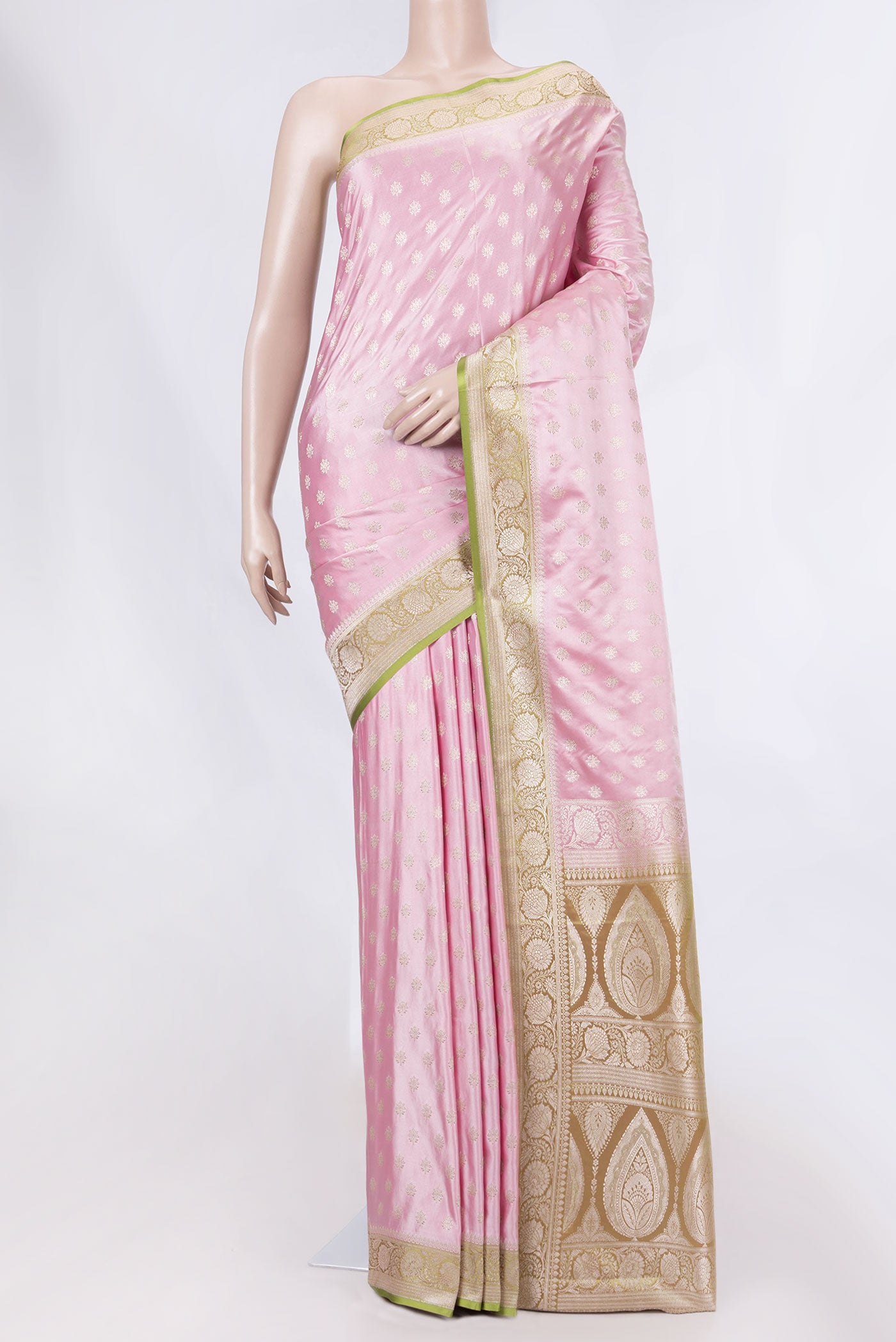 Pink Dual Tone Blended Banarasi Silk Saree with Zari Butta on the body and Zari Border displayed on a mannequin
