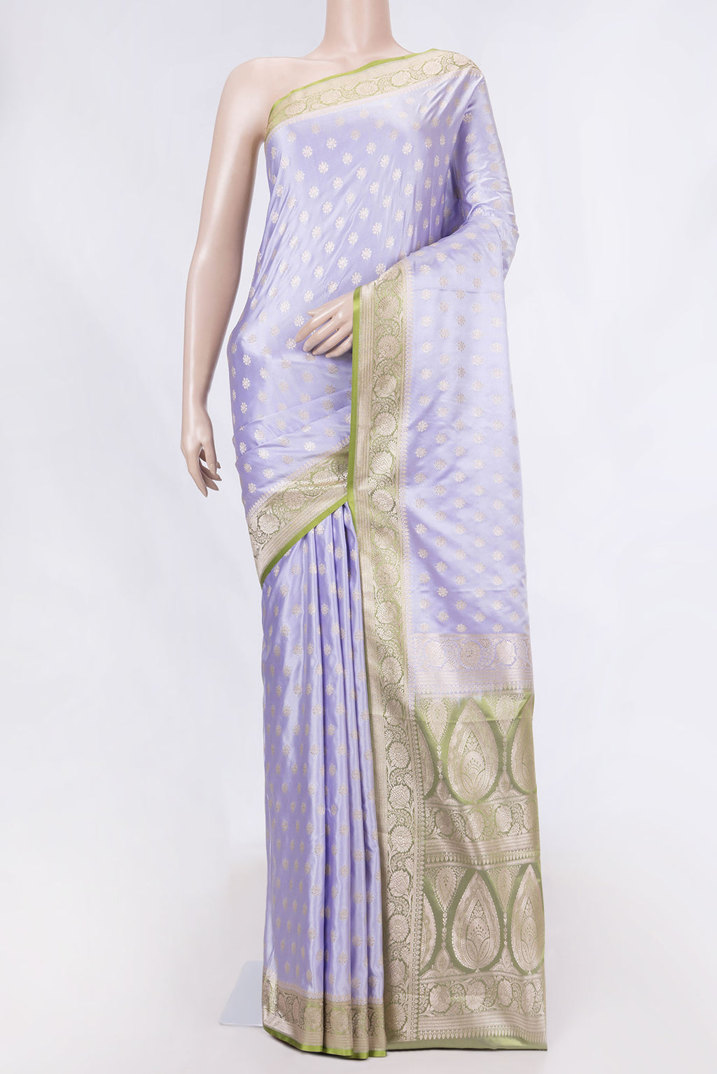 Lavender Dual Tone Blended Banarasi Silk Saree with Zari Butta on the body and Zari Border displayed on a mannequin