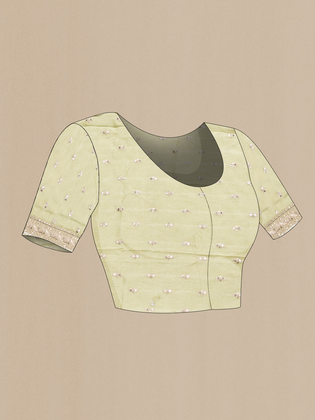 Close up image of the blouse of Pista Green Dual Tone Mysore Georgette Saree with Stripes on the body and Sequin Border. 