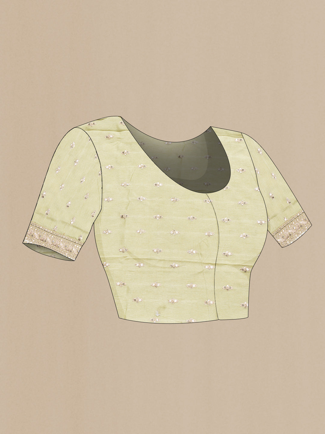 Close up image of the blouse of Pista Green Dual Tone Mysore Georgette Saree with Stripes on the body and Sequin Border. 