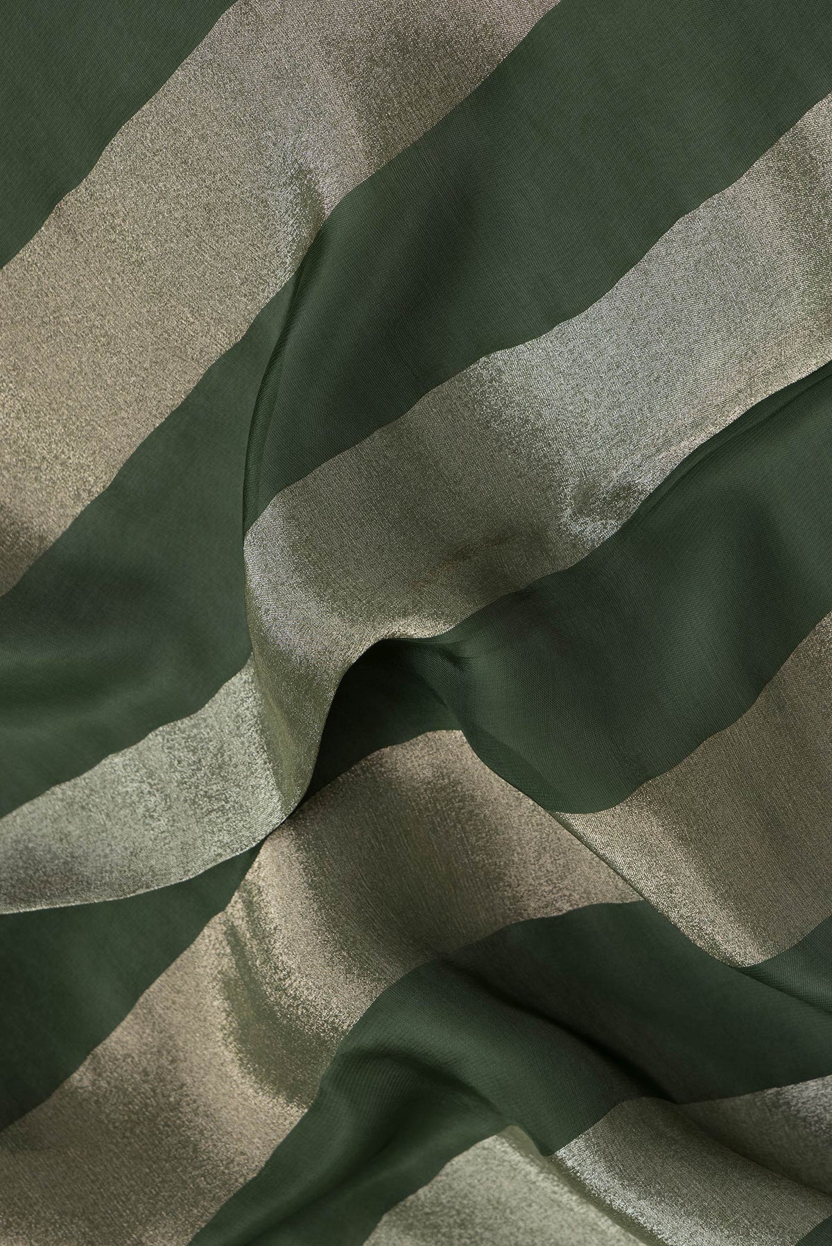 Close up of Bottle Green Dual Tone Mysore Georgette Saree with Stripes on the body and Sequin Border.  displaying folds