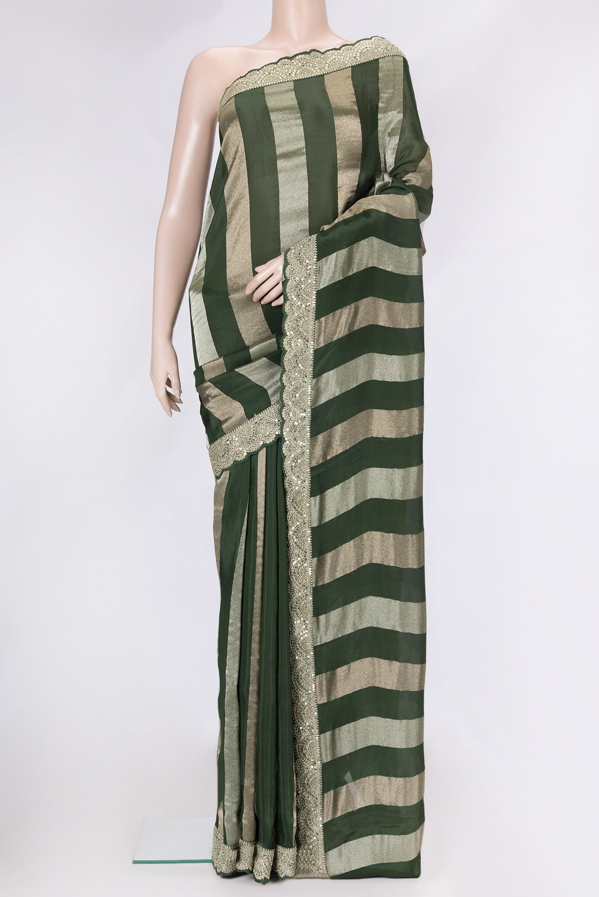 Bottle Green Dual Tone Mysore Georgette Saree with Stripes on the body and Sequin Border.  displayed on a mannequin