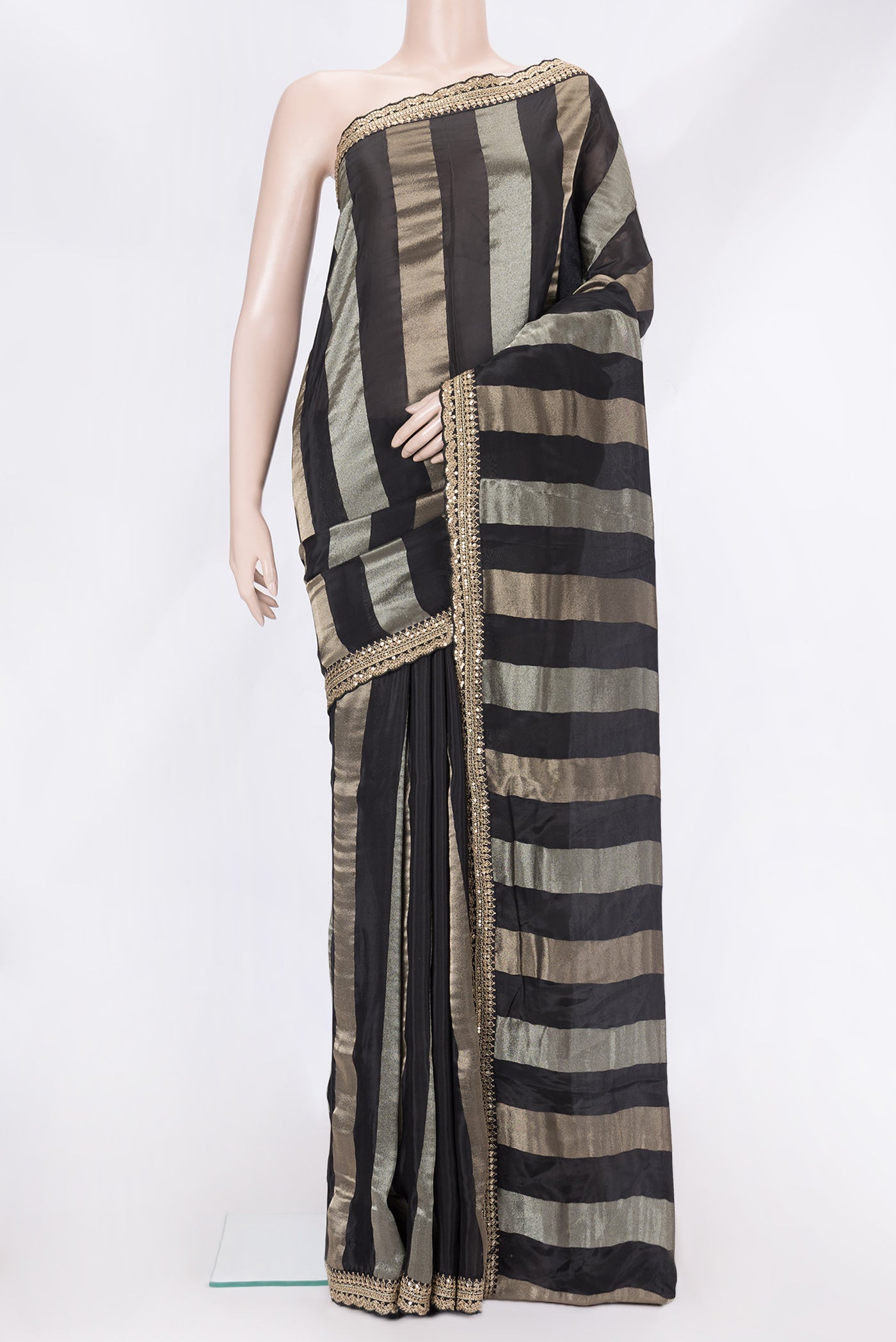 Black Dual Tone Banarasi Georgette Saree with Stripes on the body and Embroidery Border.  displayed on a mannequin