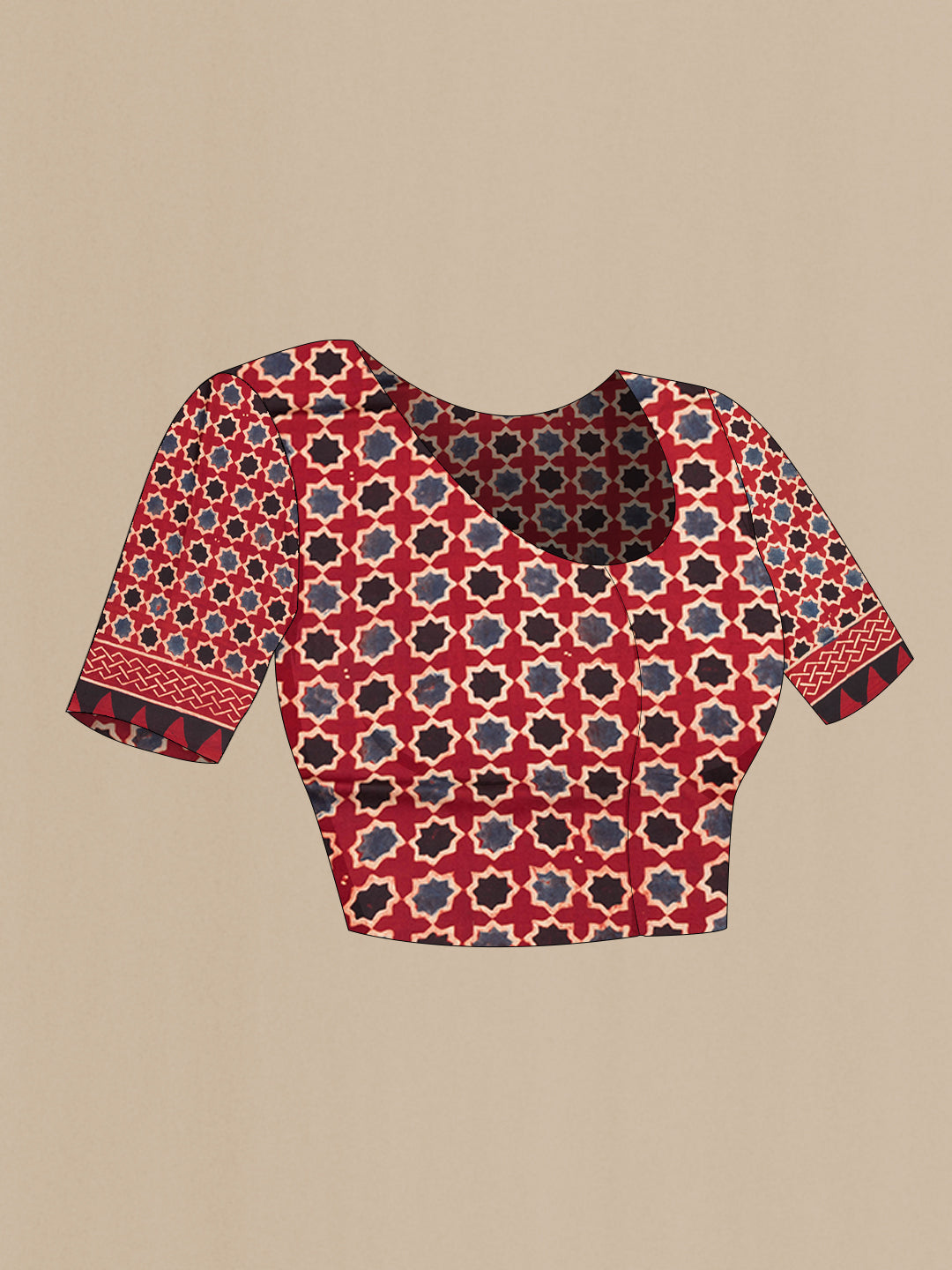 Close up image of the blouse of Maroon Satin Crepe Saree with Printed design on the body and Printed Border. 