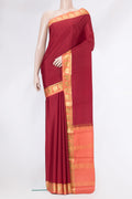 Maroon Dual Tone Mysore Silk Saree with Plain Body and Zari Border.  displayed on a mannequin