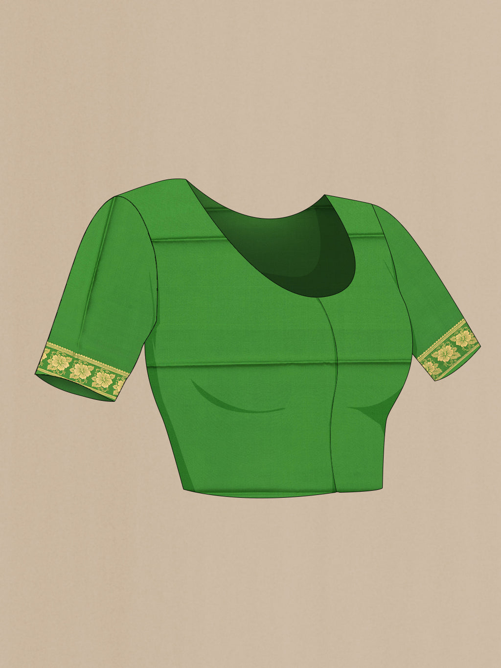 Close up image of the blouse of Parrot Green Dual Tone Mysore Silk Saree with Plain Body and Zari Border. 