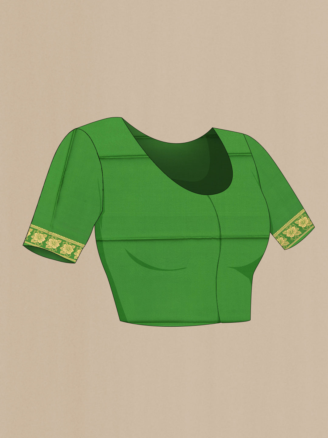 Close up image of the blouse of Parrot Green Dual Tone Mysore Silk Saree with Plain Body and Zari Border. 