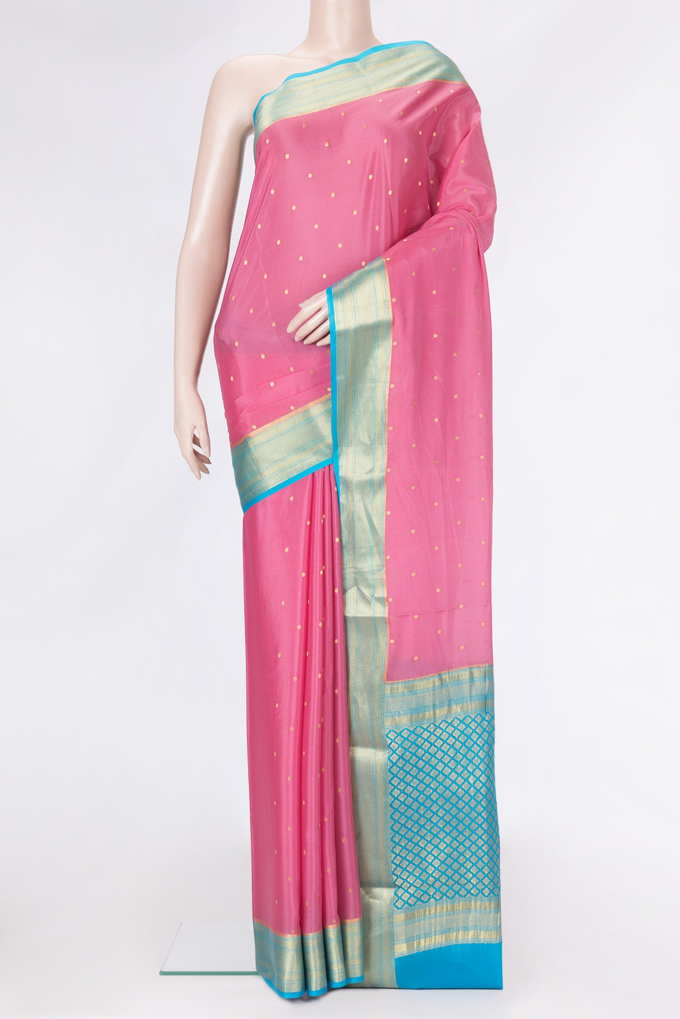 Pink Dual Tone Mysore Silk Saree with Zari Butta on the body and Zari Border.  displayed on a mannequin