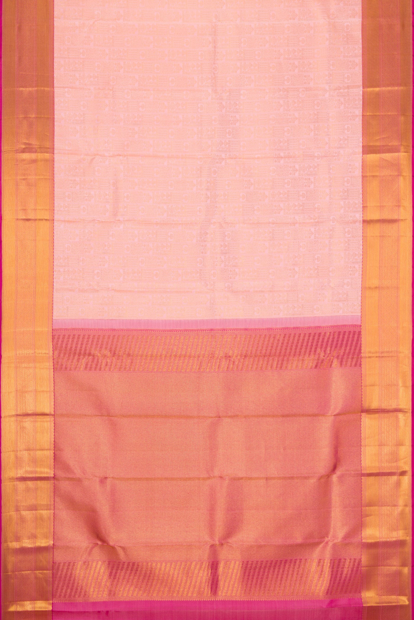 Flat view of Rose Gold Dual Tone Kanchipuram Silk Saree with Zari Brocade on the body and Zari Border. 