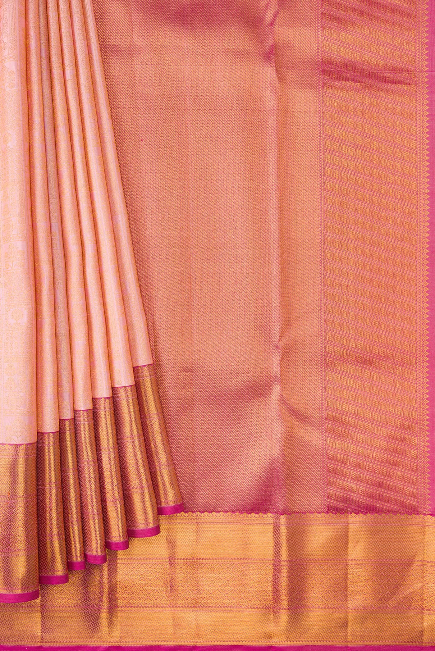 Pleats and pallu of Rose Gold Dual Tone Kanchipuram Silk Saree with Zari Brocade on the body and Zari Border. 