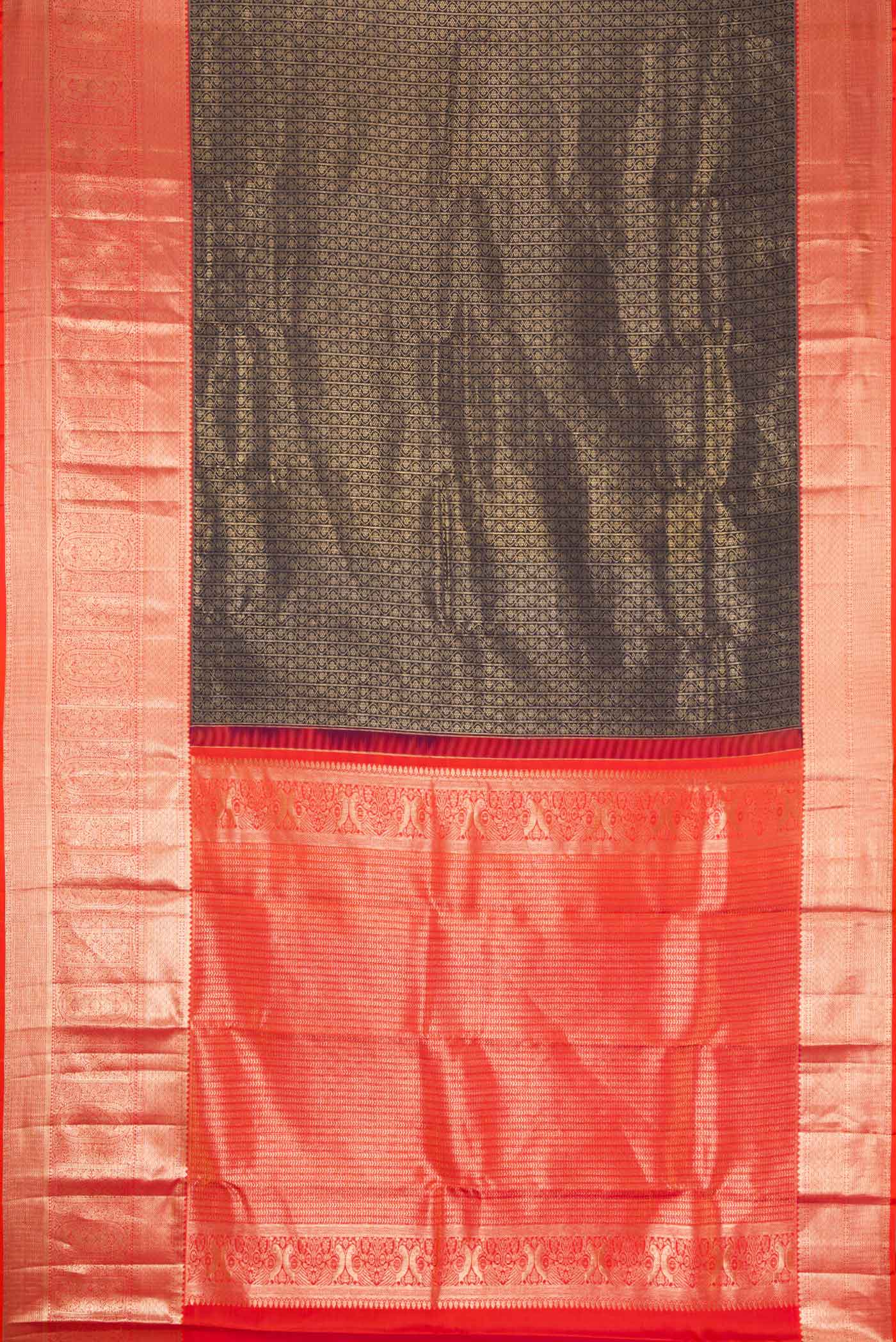 Flat view of Black Dual Tone Kanchipuram Silk Saree with Zari Brocade on the body and Zari Border. 