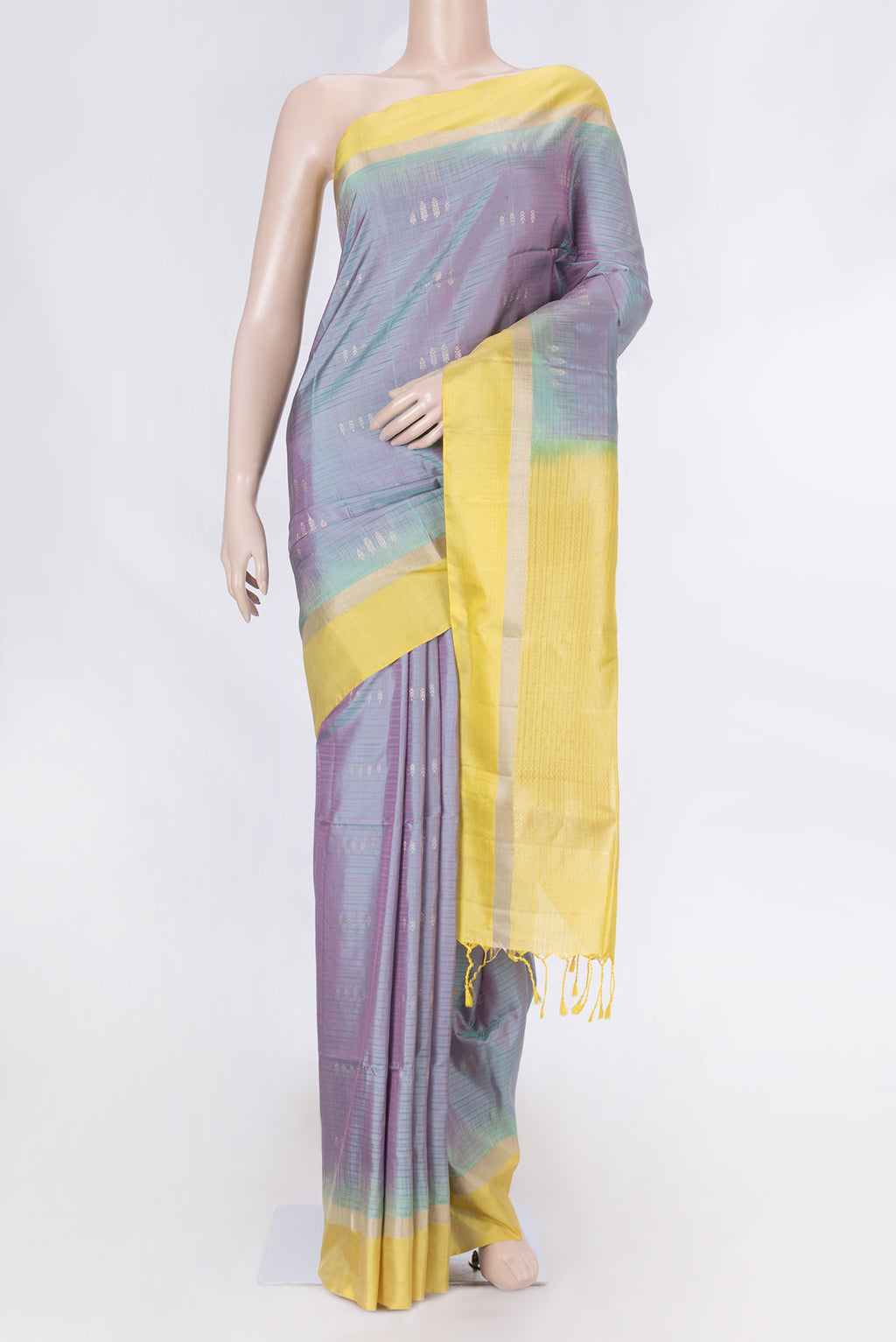 Lavender Dual Tone Soft Silk Saree with Stripes on the body and Zari Border displayed on a mannequin