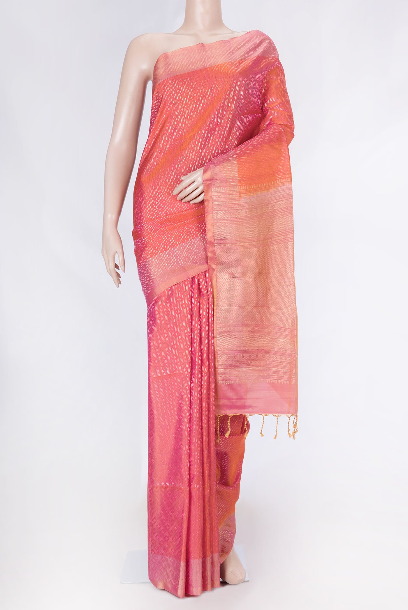 Pink Dual Tone Soft Silk Saree with Zari Brocade on the body and Zari Border displayed on a mannequin