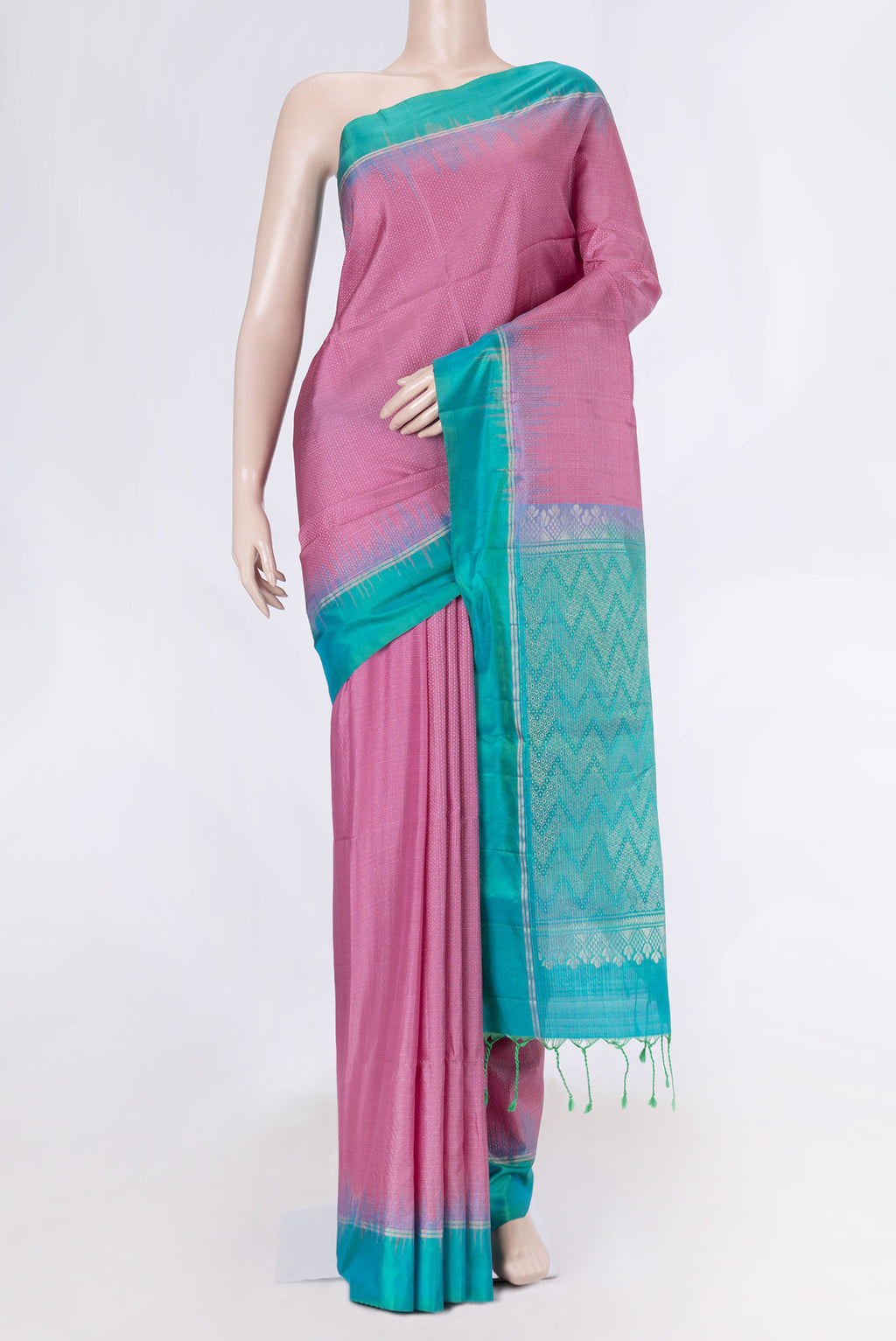 Pink Dual Tone Soft Silk Saree with Checked design on the body and Zari Border displayed on a mannequin