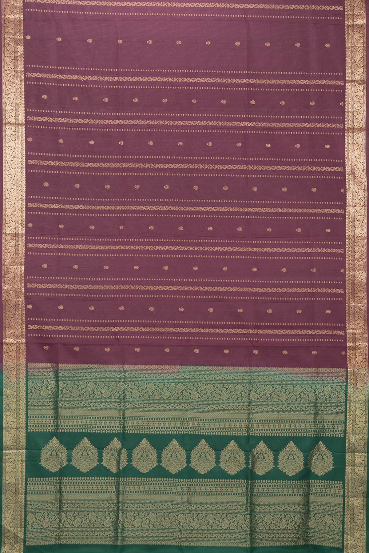 Flat view of Maroon Dual Tone Soft Silk Saree with Zari Butta on the body and Zari Border. 