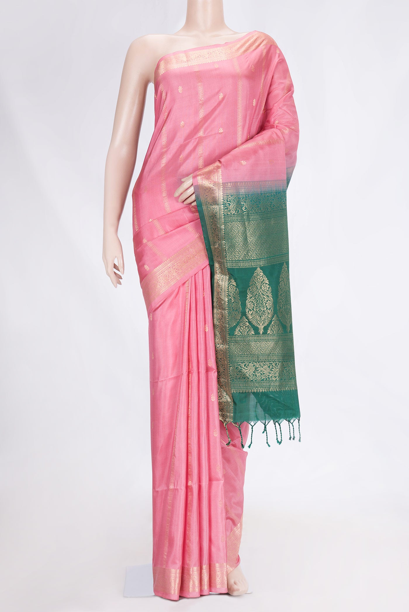Pink Dual Tone Soft Silk Saree with Zari Butta on the body and Zari Border.  displayed on a mannequin