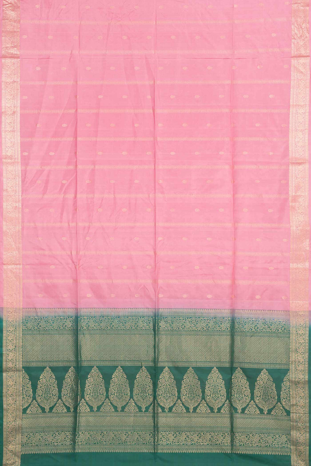 Flat view of Pink Dual Tone Soft Silk Saree with Zari Butta on the body and Zari Border. 