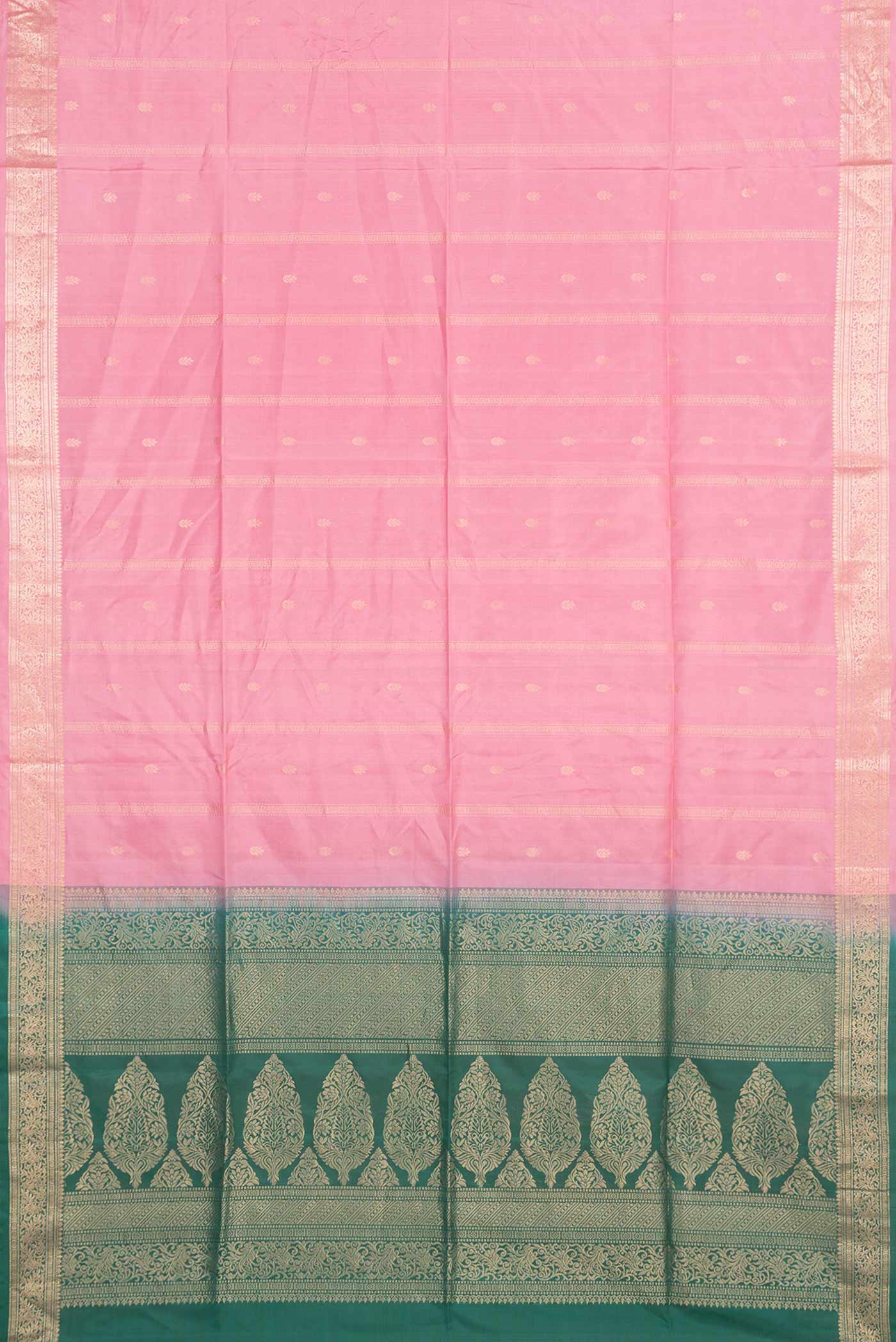 Flat view of Pink Dual Tone Soft Silk Saree with Zari Butta on the body and Zari Border. 