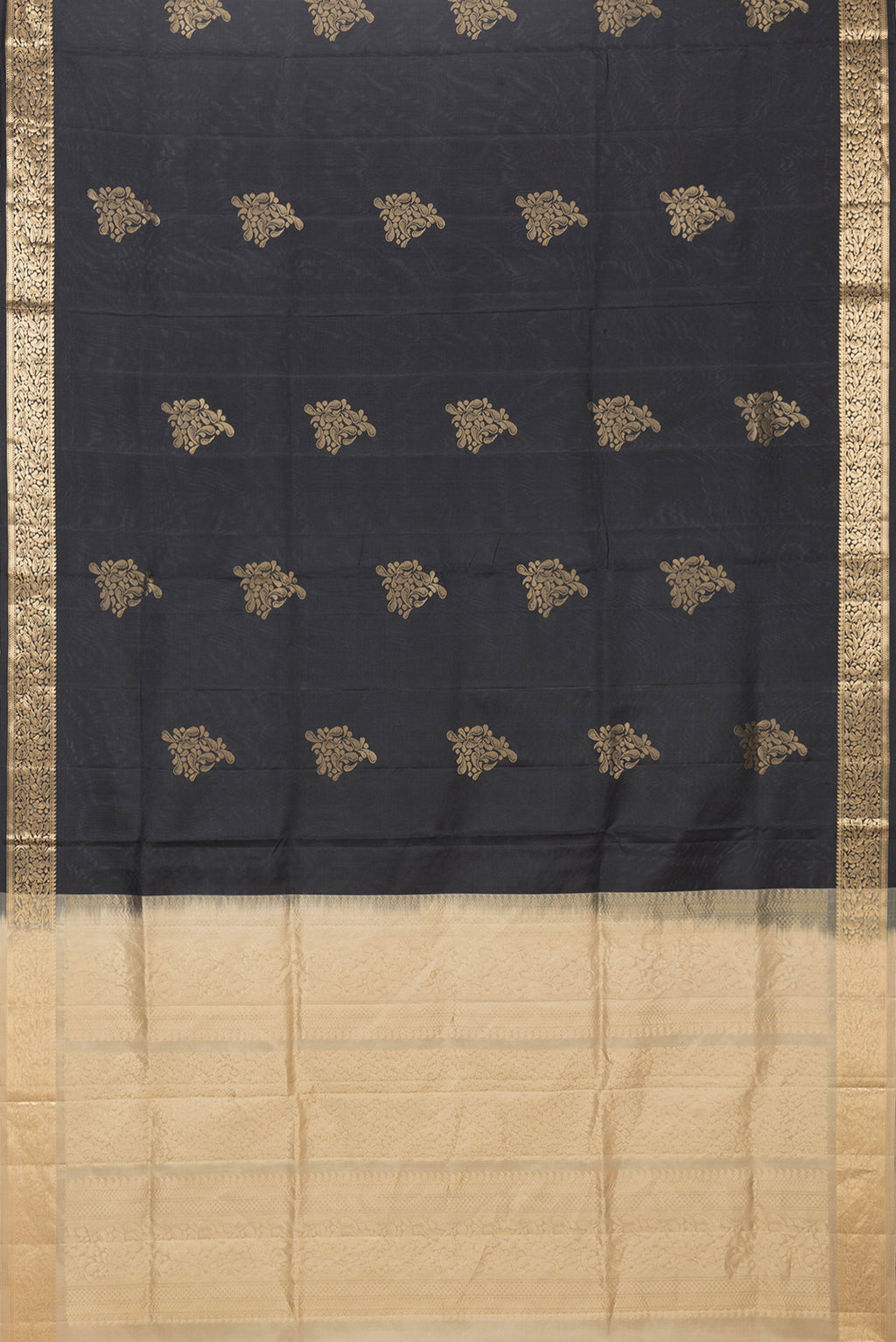 Flat view of Black Dual Tone Soft Silk Saree with Zari Butta on the body and Zari Border. 
