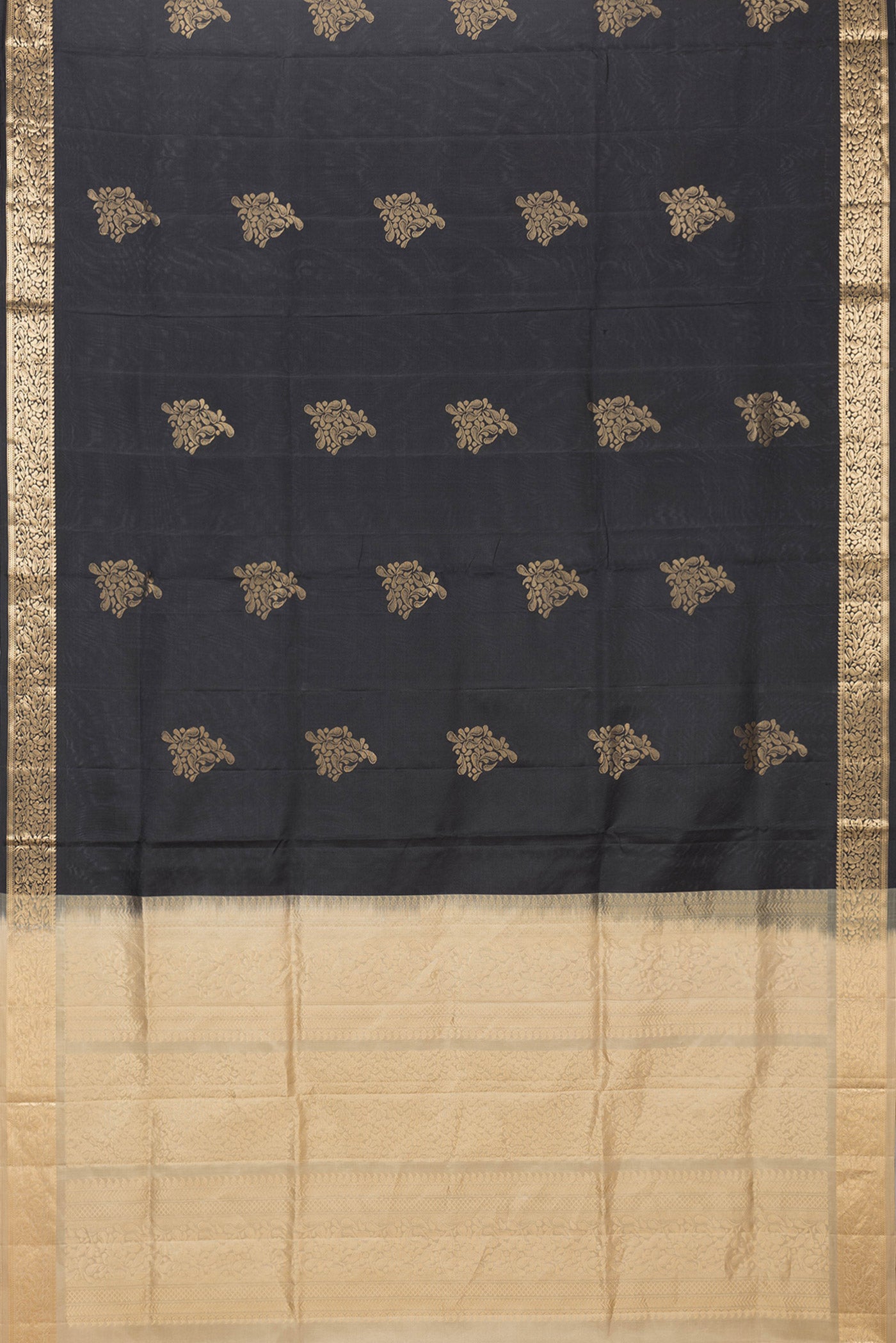 Flat view of Black Dual Tone Soft Silk Saree with Zari Butta on the body and Zari Border. 