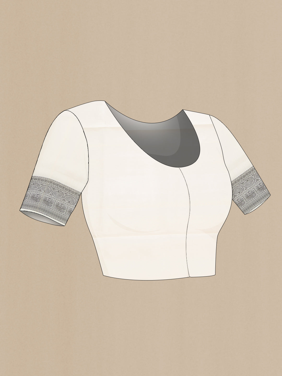 Close up image of the blouse of Off White Dual Tone Soft Silk Saree with Jacquard design on the body and Thread Border. 