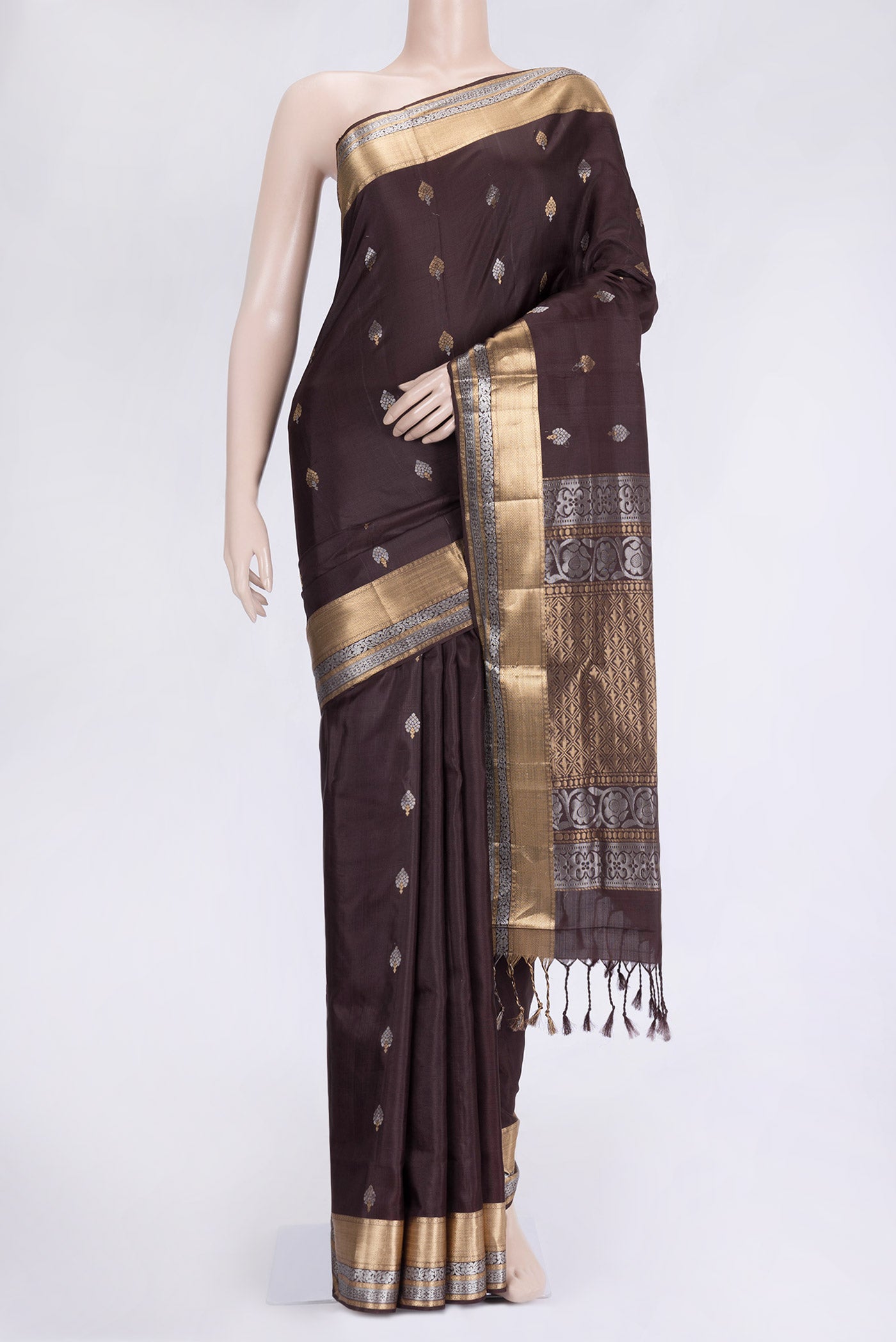 Coffee Brown Dual Tone Soft Silk Saree with Zari Butta on the body and Zari Border.  displayed on a mannequin