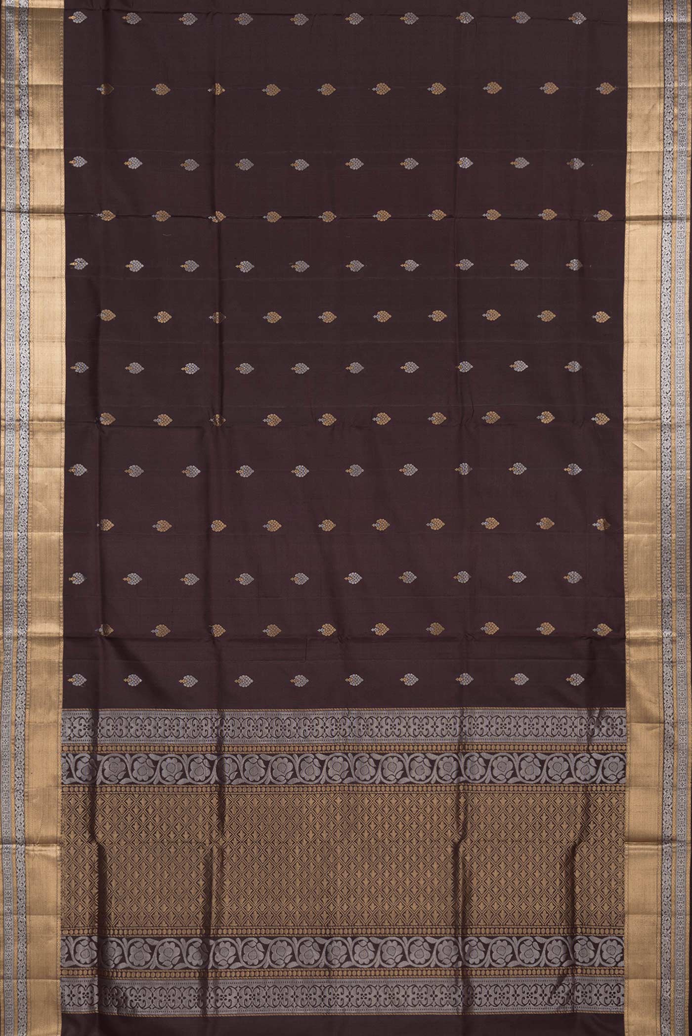 Flat view of Coffee Brown Dual Tone Soft Silk Saree with Zari Butta on the body and Zari Border. 