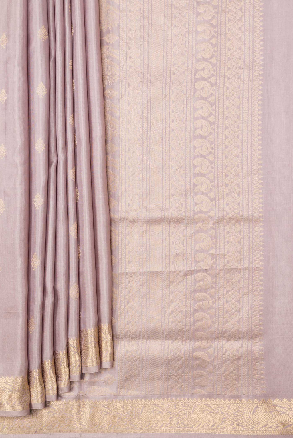 Pleats and pallu of Rose Gold Dual Tone Soft Silk Saree with Zari Butta on the body and Zari Border. 
