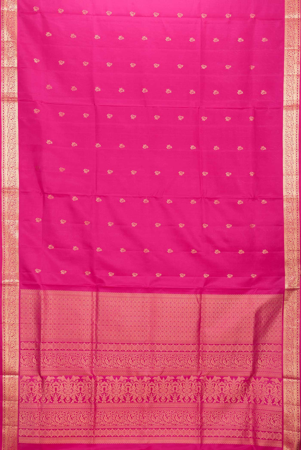 Flat view of Dark Pink Dual Tone Soft Silk Saree with Zari Butta on the body and Zari Border. 