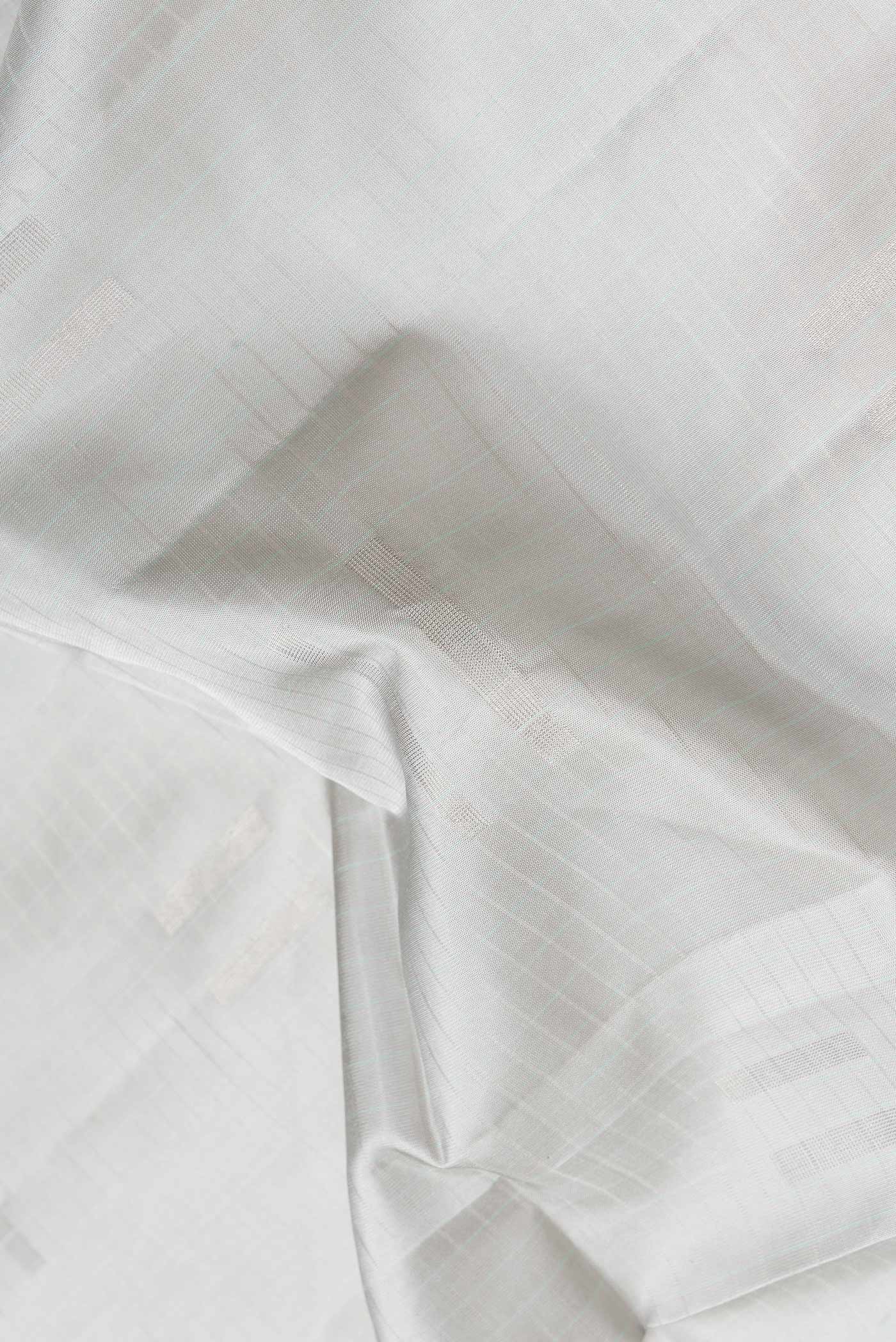 Close up of Grey Dual Tone Soft Silk Saree with Zari Butta on the body and Zari Border.  displaying folds