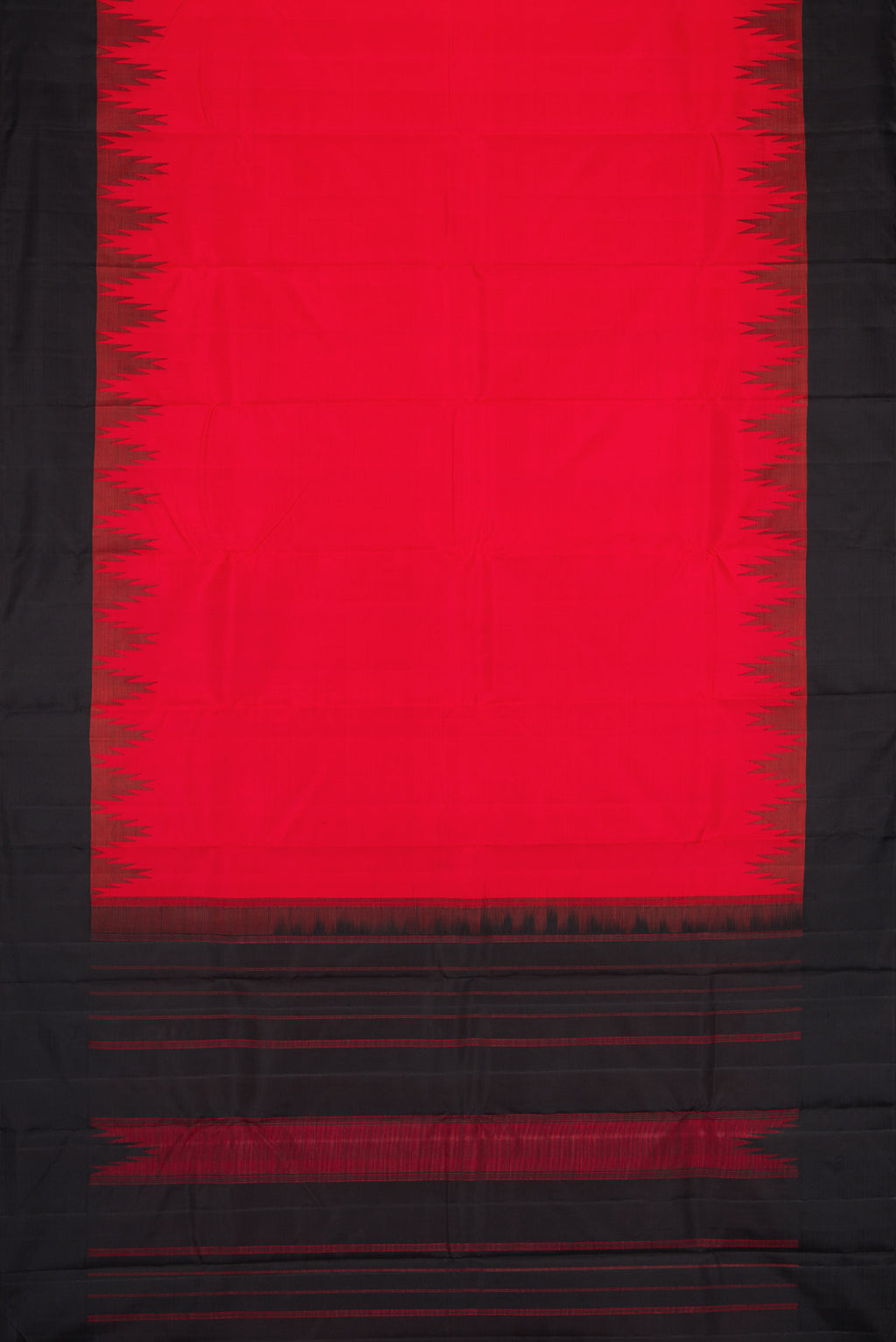 Flat view of Red Dual Tone Kanchipuram Silk Saree with Plain Body and Temple Border