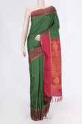 Green Dual Tone Kanchipuram Saree with Checked design on the body and Zari Border displayed on a mannequin