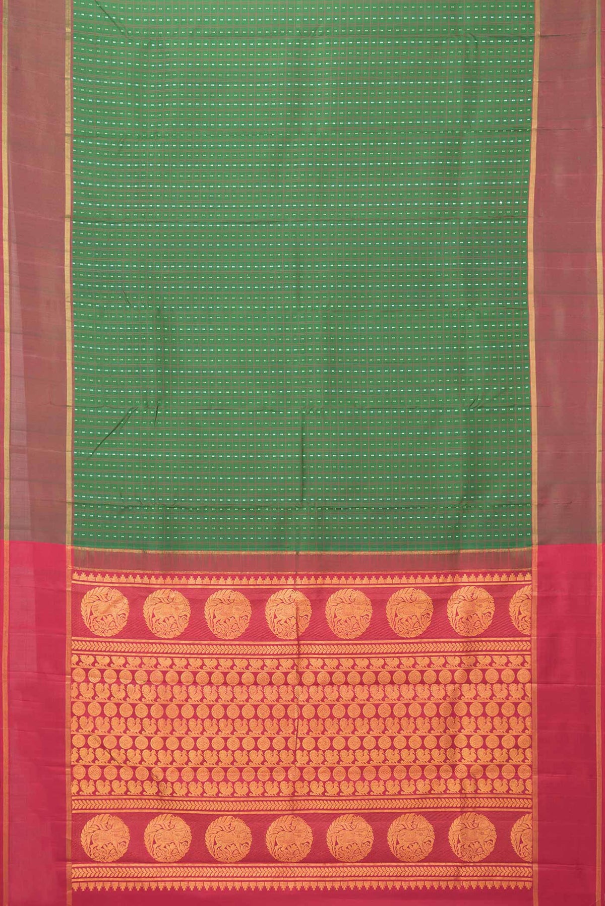 Flat view of Green Dual Tone Kanchipuram Saree with Checked design on the body and Zari Border