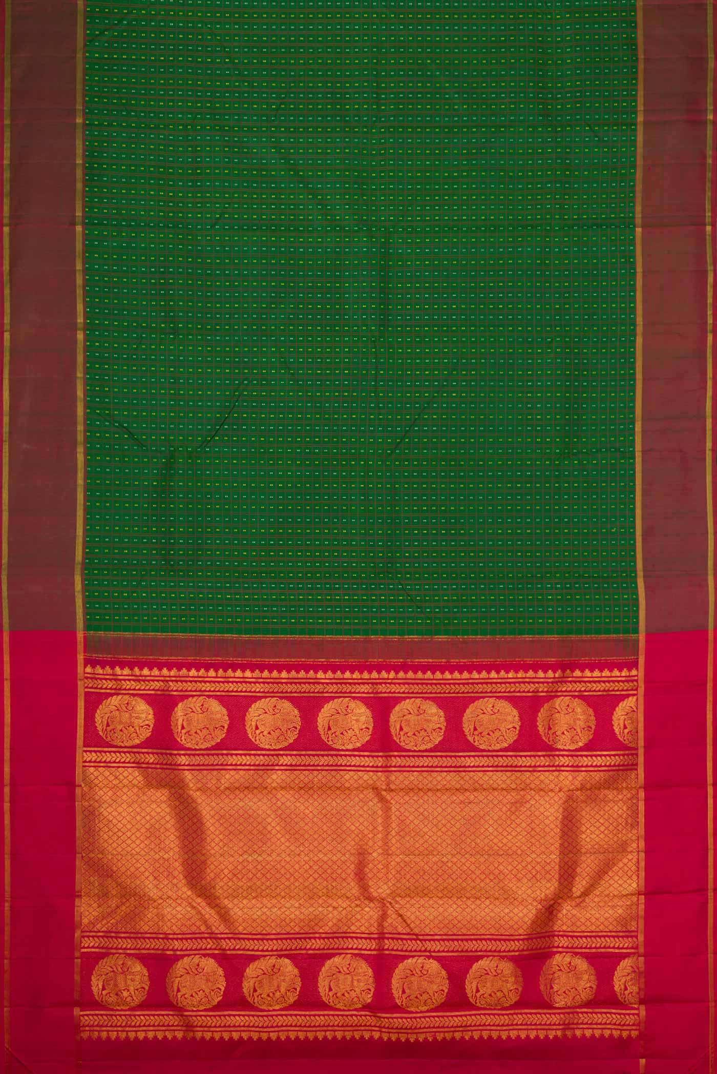 Flat view of Bottle Green Dual Tone Kanchipuram Silk Saree with Stripes on the body and Zari Border