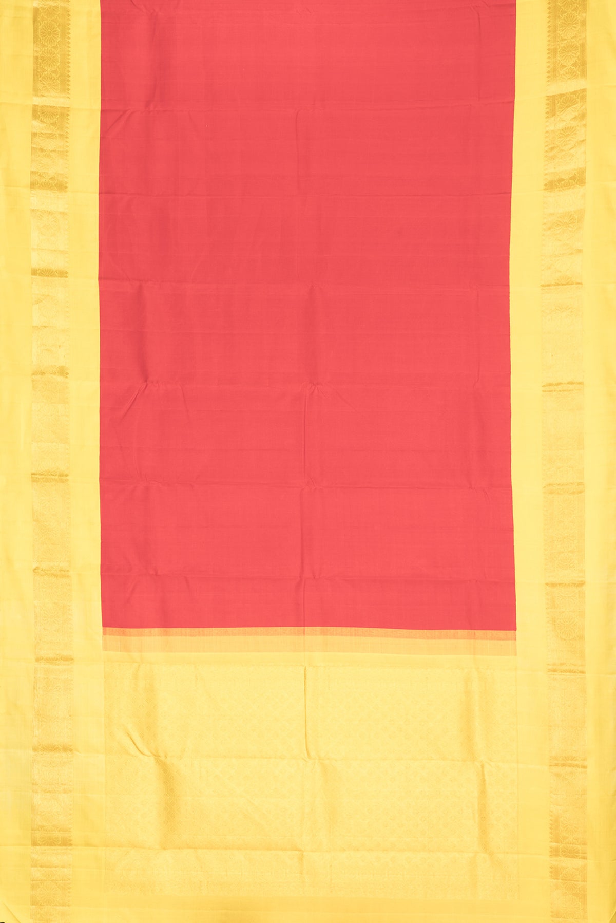 Flat view of Pure Silk Red Kanjivaram Saree with Plain Body and Zari Border. 