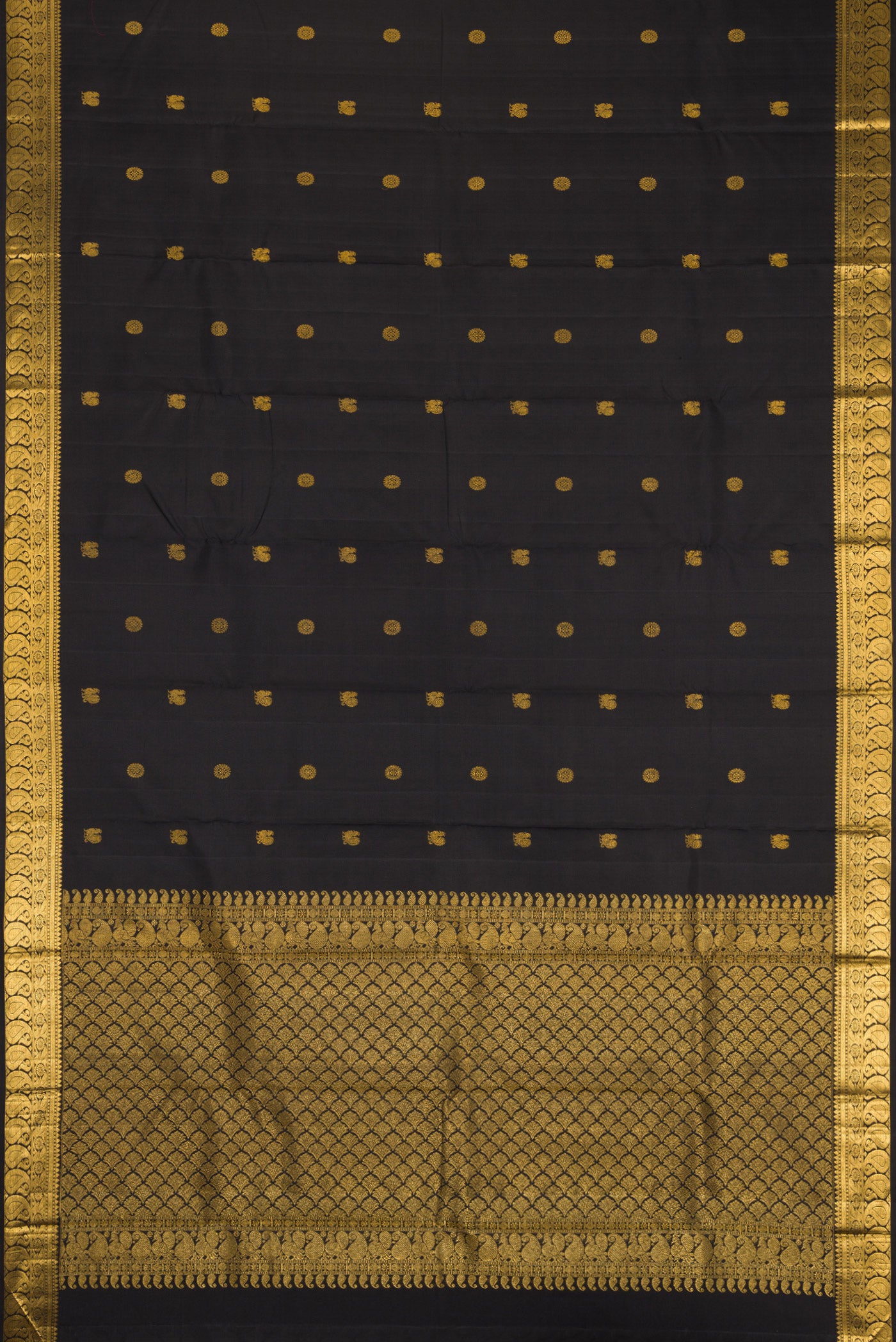 Flat view of Black Kanjivaram Silk Saree with Zari Butta on the body and Zari Border. 